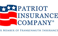 Patriot Insurance Co. logo: A shield-shaped emblem with a stylized American flag pattern and company name "Patriot Insurance" in bold letters. Symbolizes strength and patriotism.