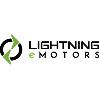 Lightning eMotors with a black circle and 2 green chevrons